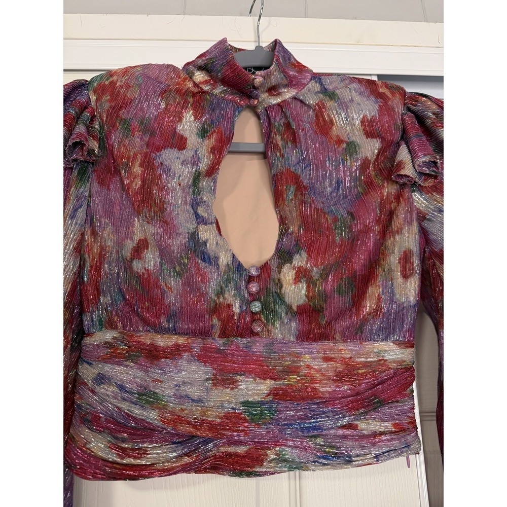 PatBO Lurex Keyhole Metallic Sheer Crop Top Bohemian Floral Balloon Sleeve Artsy - Picture 5 of 8
